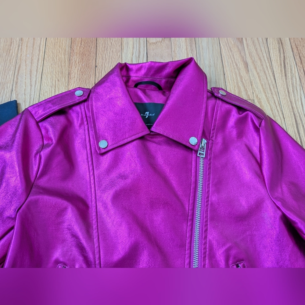 7 For All Mankind NWT Metallic Hot Magenta Pink Moto Jacket - Picture 4 of 12